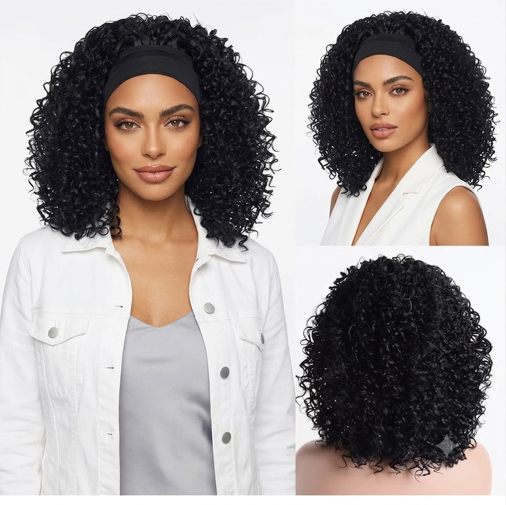 16 inch Headband Wig for Women Glueless Afro Curly Synthetic Wig with Adjustable Headband Natural Hairline Soft Full Volume Easy