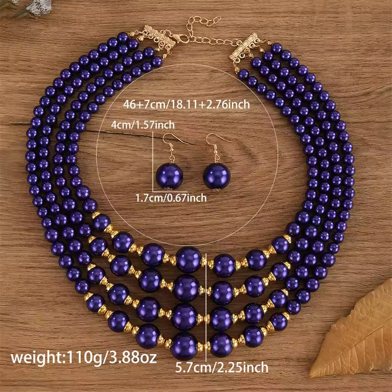 Elegant Multi-Layer Blue Pearl Necklace Set