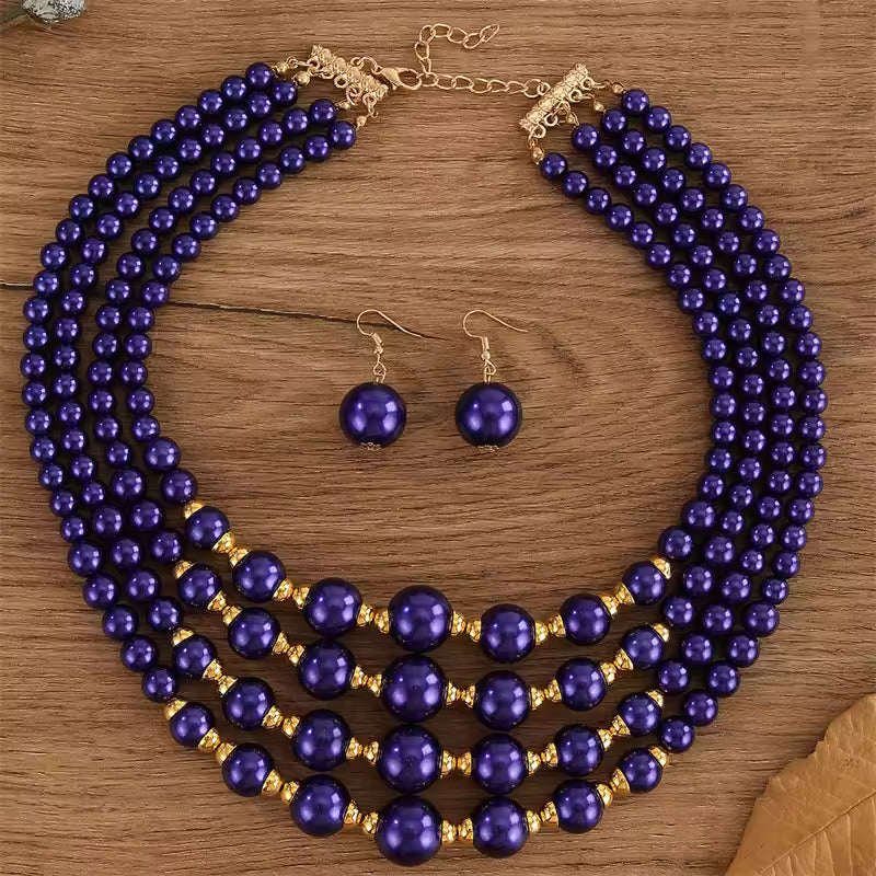 Elegant Multi-Layer Blue Pearl Necklace Set