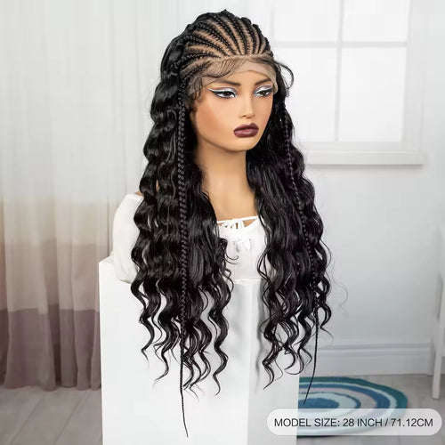 28" 13x6 Transparent Lace Front Natural Deep Wave Cornrow Braided Wig – Synthetic Curly Brazilian Brazilian Hair Wig for Women