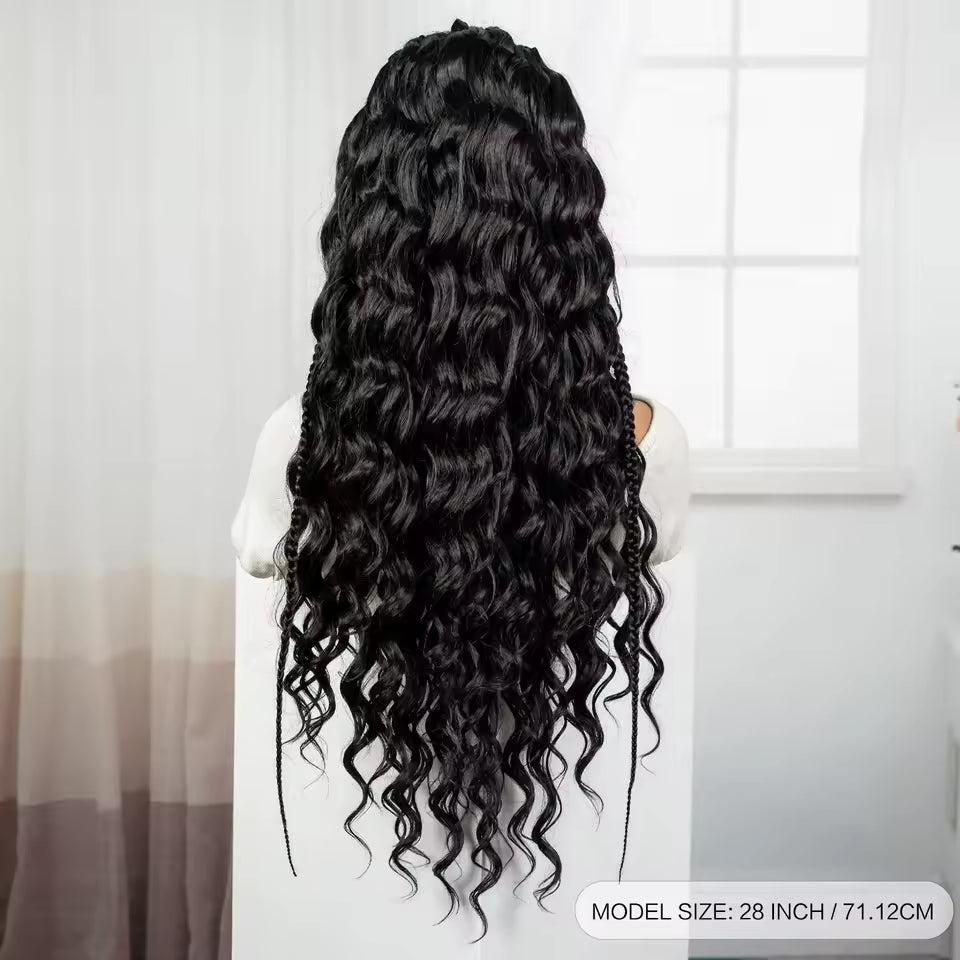 28" 13x6 Transparent Lace Front Natural Deep Wave Cornrow Braided Wig – Synthetic Curly Brazilian Brazilian Hair Wig for Women