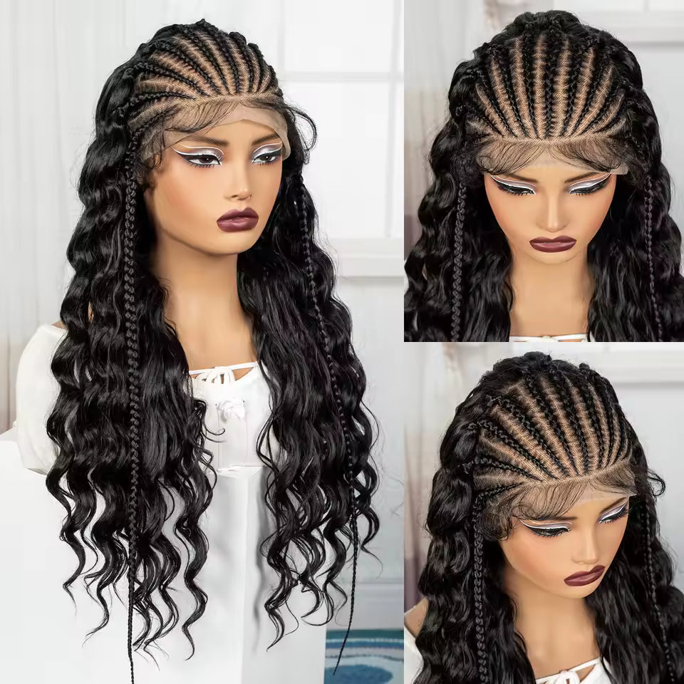 28" 13x6 Transparent Lace Front Natural Deep Wave Cornrow Braided Wig – Synthetic Curly Brazilian Brazilian Hair Wig for Women