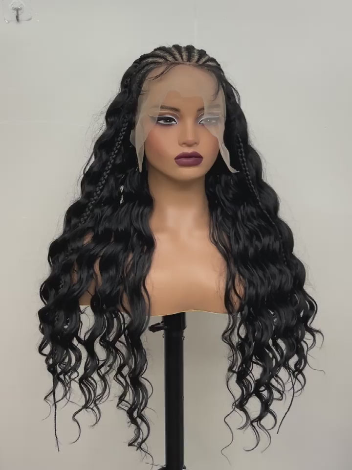 28" 13x6 Transparent Lace Front Natural Deep Wave Cornrow Braided Wig – Synthetic Curly Brazilian Brazilian Hair Wig for Women